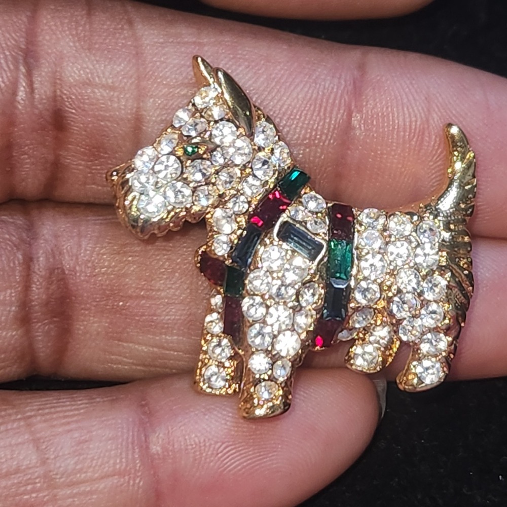 Scottie‎ Dog Brooch Pin Gold Tone Baguette CollarKenneth Jay Lane KJL Rhinestone